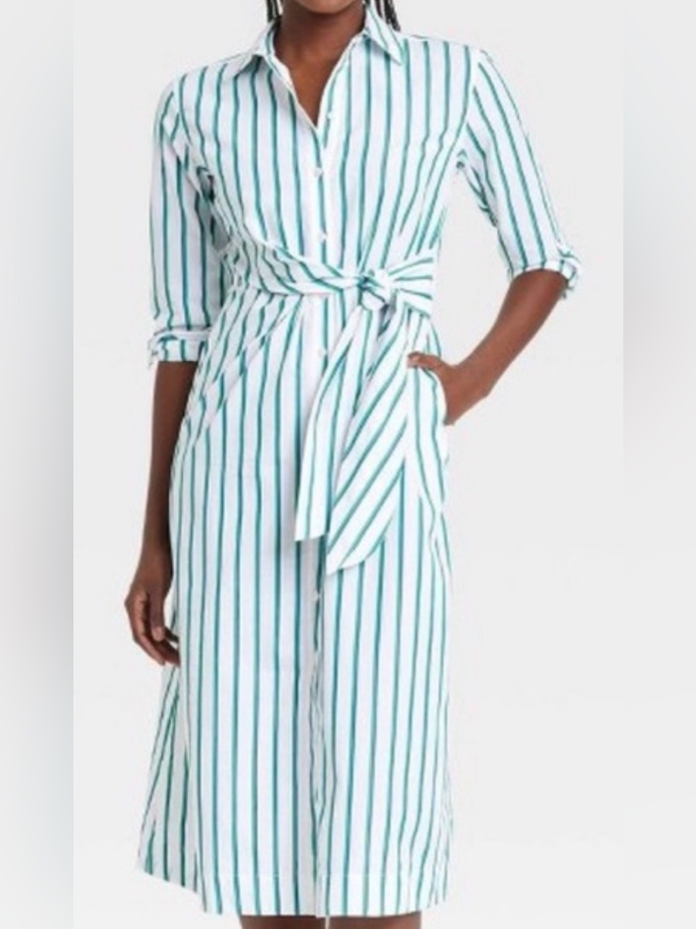American Threads Green and White Striped Tie-Waist Midi Shirt Dress